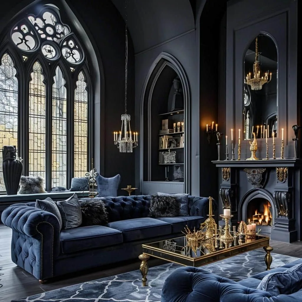 A midnight-blue gothic sitting room with arched windows, velvet seating and warm candlelight