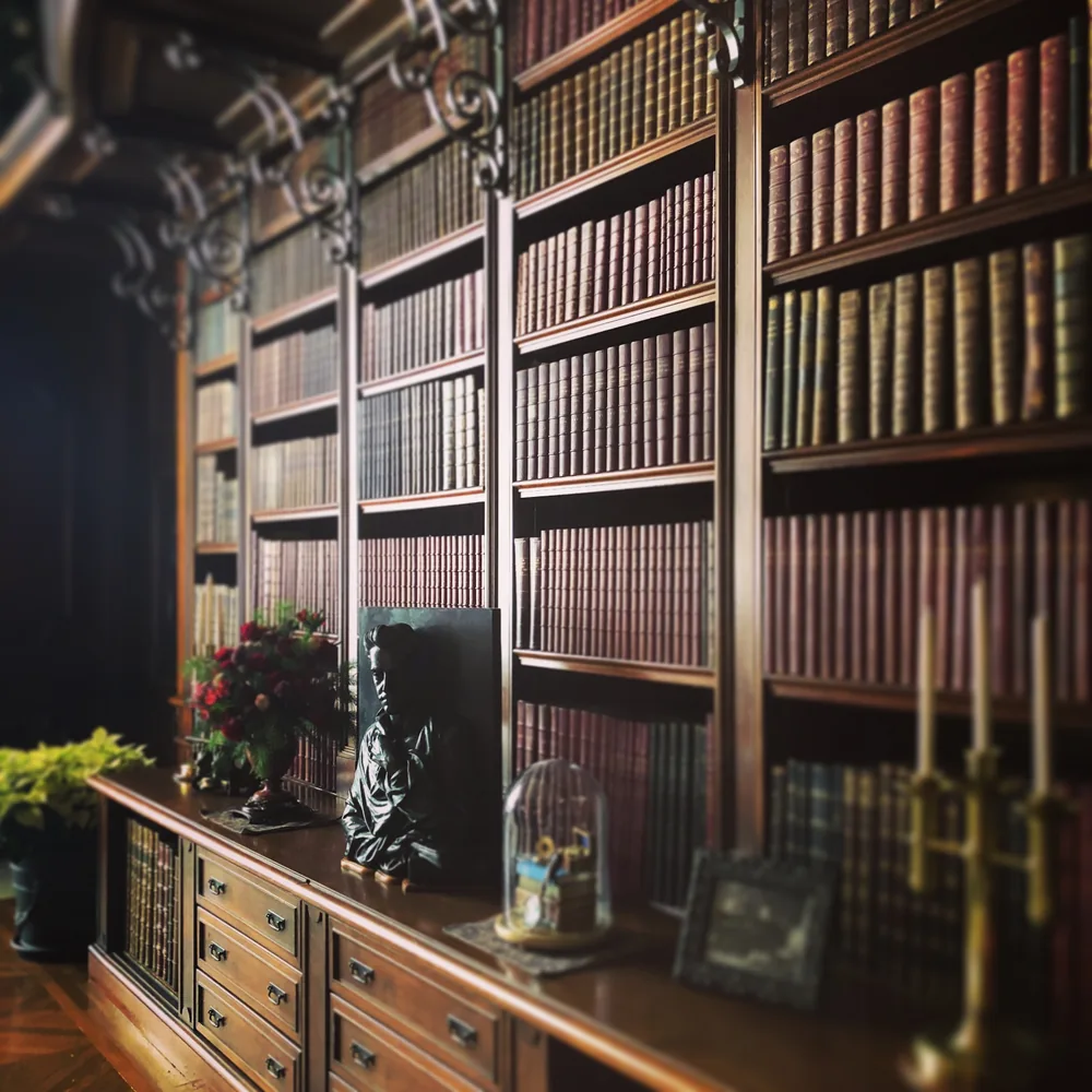 Old books, carved shelves and collected objects in a softly lit library